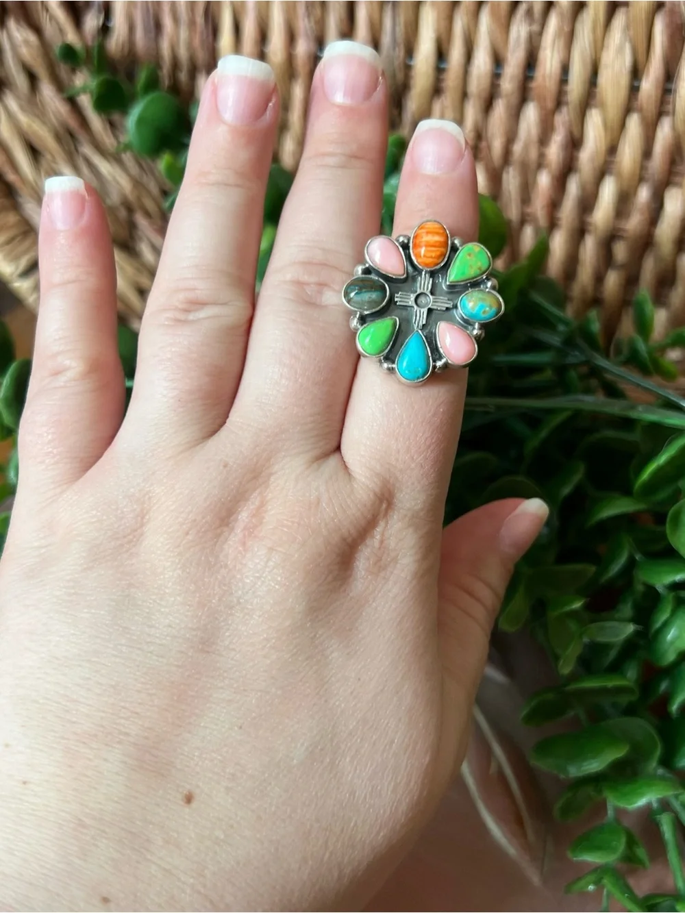 Sterling Silver Multi Stone Zia Ring Kingman Turquoise Conch Spiny Oyster Sz 6